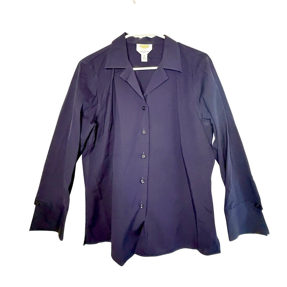 Talbots Navy Blue Wrinkle Resistant Stretch Button Down Shirt Blouse Size 12